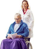 Senior on a wheelchair accompanied by a nurse